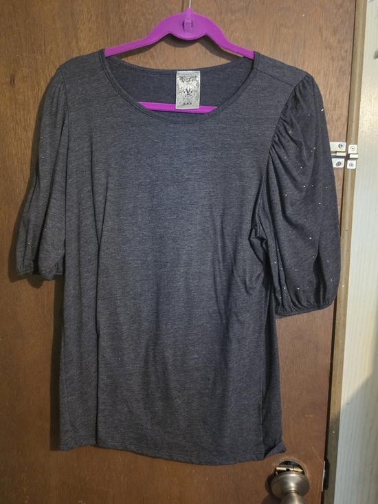 Vocal Tops - Stretch Knit Puff Glitter Sleeve Top - Dark Gray